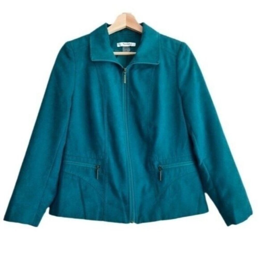 TANJAY Faux Suede Soft Full Zip-Up Jacket Blazer Teal Blue Sz 6 P
